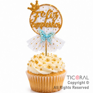 CAKE TOPPER FELIZ CUMPLEA�OS CIRCULO ORO CON TUL BLANCO